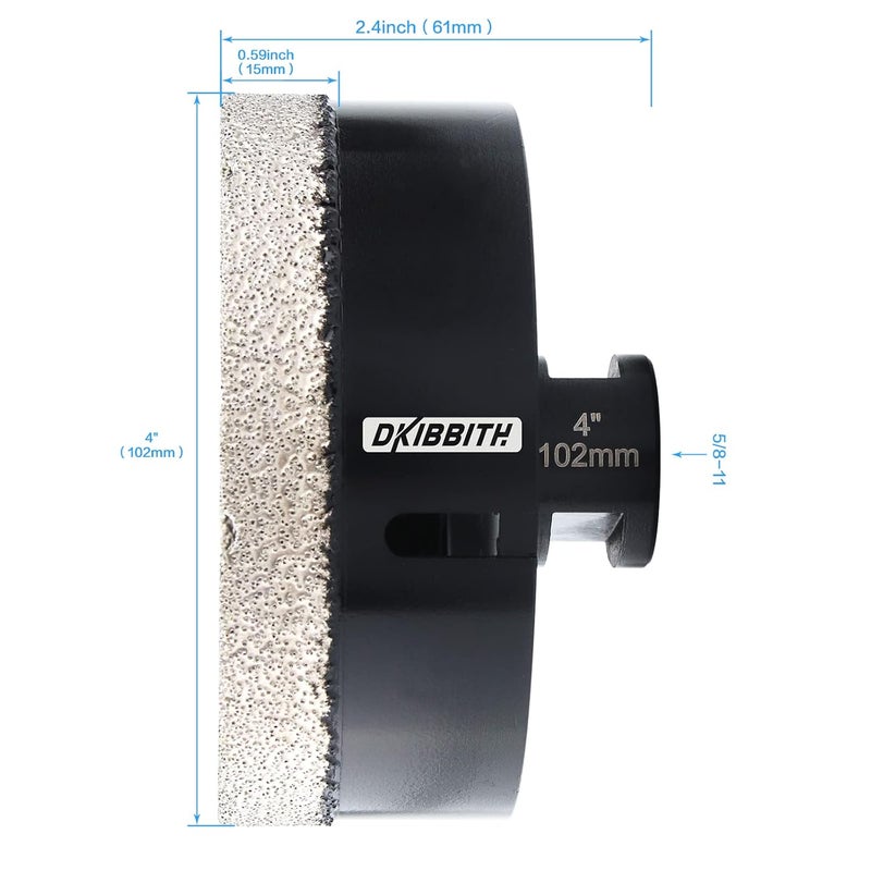 DKIBBITH 4 inch Diamond Hole Saw, 102mm Hole Saw for Concrete Brick Masonry Block Granite Tiles Quartzite Marble Porcelain Ceramic Stones with Female 5/8-11 Thread Fit Most Angle Grinders, Black - Image 2